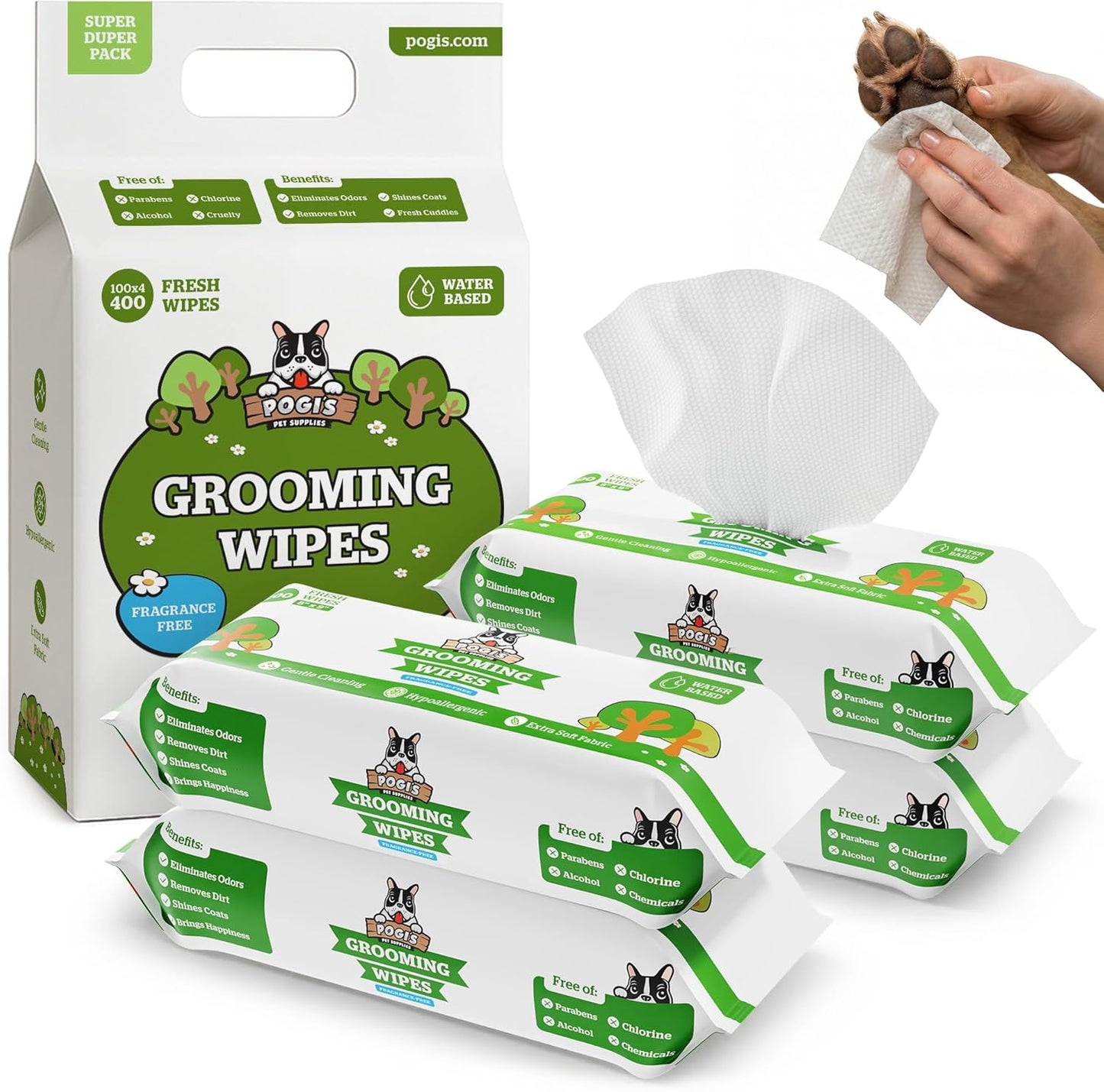 Pogi’s Hypoallergenic Dog Wipes – Gentle, Fragrance-Free Cleaning for Paws, Body & Face – 400 Count Super Pack