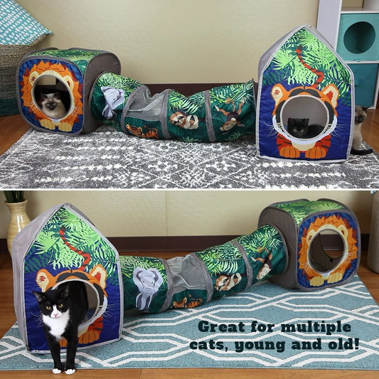 Safari Jungle Cat Play Set, Collapsible Pop-Up Cat Toys Combo with Cube, Tunnel & Hideout, Interactive Indoor Cat Playhouse for Exercise, Hiding & Lounging
